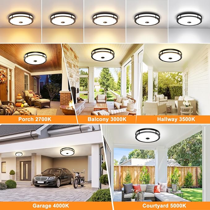 16IN LED Motion Sensor Outdoor Ceiling Light with Remote, 32W | Dusk to Dawn, 2700K/3000K/3500K/4000K/5000K Dimmable, 4 Lighting Modes, Large Flush Mount Ceiling Light for Entryway, Black