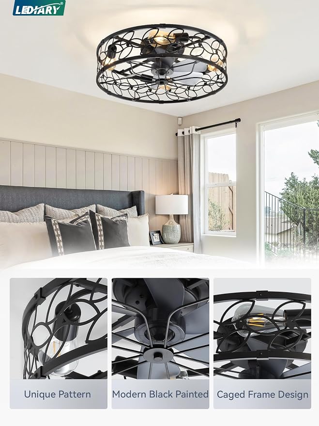 LEDIARY 23" Caged Ceiling Fan with Light, Flush Mount Fandalier with Remote | Low Profile, Farmhouse Large, Bladeless Industrial, Quiet DC Motor, App Control for Bedroom, Kitchen, Dining Room, Black