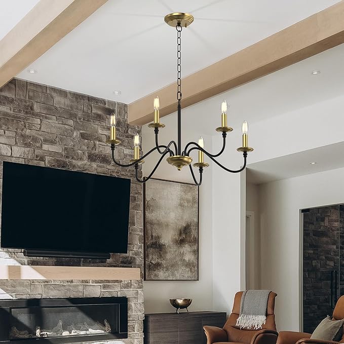 Rustic Farmhouse Candle Chandelier for Dining Room, 6-Light Rustic Black Iron Light Fixture with Classic S-Arm Design for Kitchen Island, Living Room, Foyer-Black and Gold