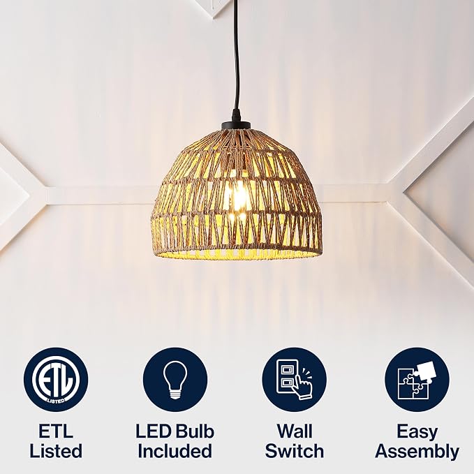 JONATHAN Y Campana 1-Light Pendant Dome Ceiling Lamp, 10.25", Brown | Modern Coastal Farmhouse Decor, Adjustable Height, Woven Rope Metal Frame, LED Bulb Included, UL Listed