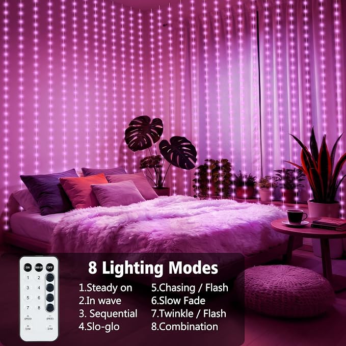 echosari Curtain Lights Battery Operated 9.8 x 9.8Ft with Timer Pink | 300 LED Fairy Lights with Hooks for Bedroom Wedding Backdrop Indoor Decor
