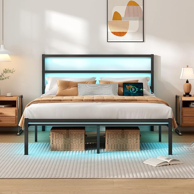 CLIBFENG Full Size Bed Frame with Headboard,Heavy Duty Steel Slats Support-LED Bed Frame with USB Charging Station,Mattress Foundation-Under Bed Storage,No Box Spring Needed,Noise Free，Black