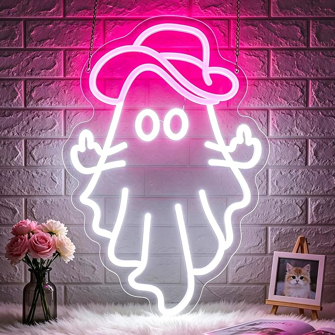 Neon Sign, Ghost Neon Signs for Wall Decor LED Signs Neon Light | Cowboy Ghost Neon Sign for Bedroom, Gaming Room, Kids Room, Party, Bar, Halloween Decor, Home Decor, Boys Gift, USB Powered