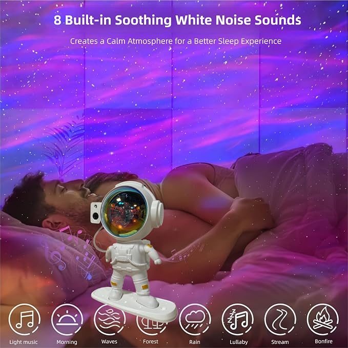 White Noise Astronaut Aurora Galaxy Projector — 360° Rotating Star & Moon Night Light with Sleep Timer, Music Sync, Remote Control, Calming LED Mood Lamp for Bedroom, Kids' Room, Nursery