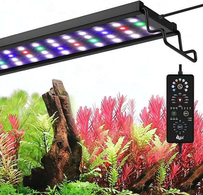 AQQA Full Spectrum Aquarium Plant Light LED Fish Tank Light IP68 Waterproof with 24/7 Natural Mode & DIY RGBW Mode, 9 Colors & 10-Level Brightness Adjustable, 6 Timer Settings for 12"-18" Tank (12W)