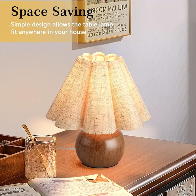 Wood Grain Touch Control Table Lamp for Bedroom,Farmhouse Cute Small Table Lamp for Bedroom Nightstand, Mini Vintage Bedside Lamps with Scalloped Shade for Small Spaces, Kitchen Counter, Bookshelf