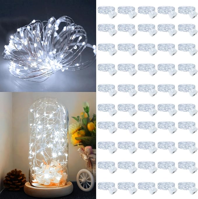 50 Pack Fairy Lights Battery Operated, 7ft 20 LED 3 Modes Speed Twinkle Mini String Lights Waterproof Silver Wire Firefly Starry Lights for Mason Jars Wedding Party Christmas Decorations