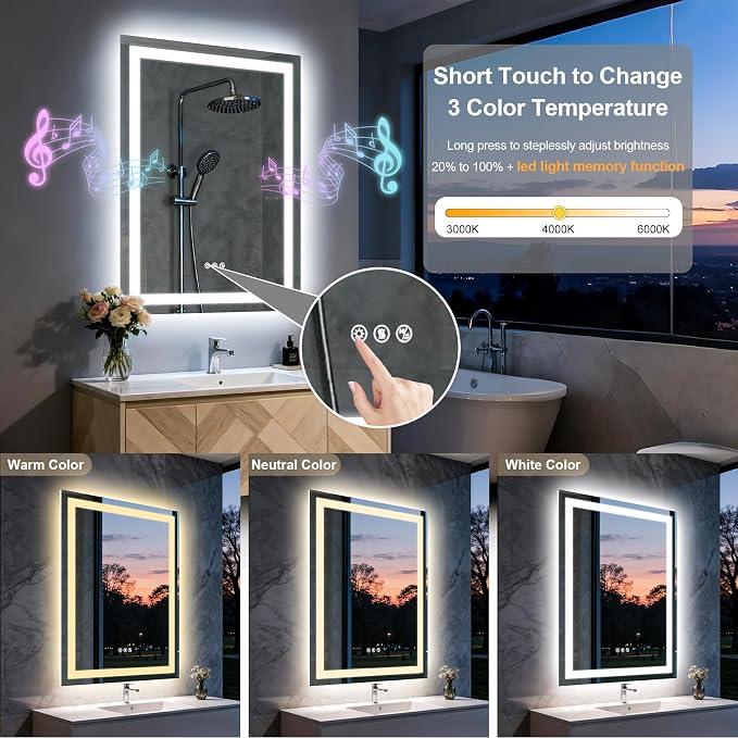 20"x28" LED Bathroom Mirror with Lights,Bluetooth Dual Speaker | Anti-Fog,3 Color Temperature,Dimmable Brightness,Memory Function,Waterproof,Wall Mount Design,Tempered Glass