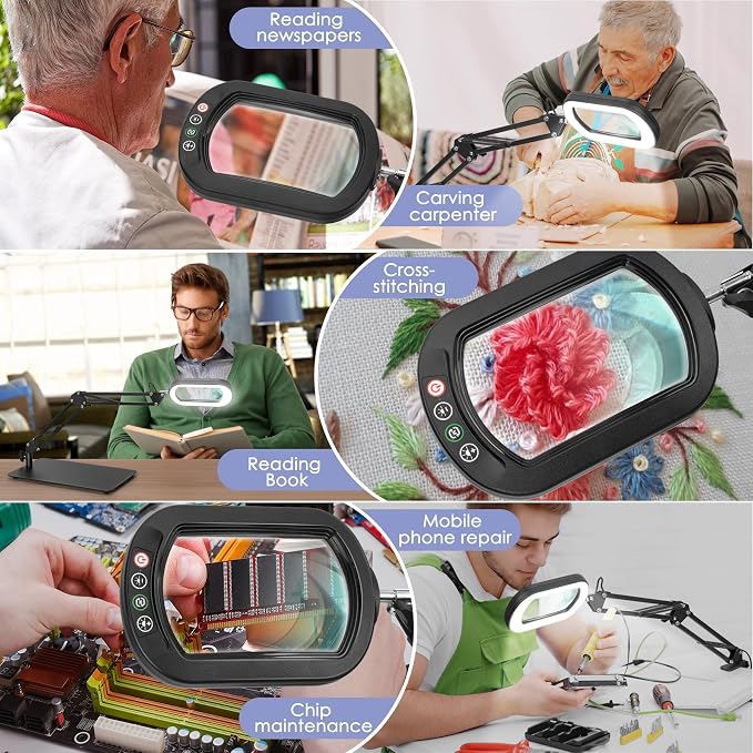 12X Square Magnifying Glass with Light and Stand, Real Glass LED Lighted Magnifier and Phone Holder, 5 Color Modes Stepless Dimmable, Hands-Free Desk Lamp for Craft Hobby Close Work Black and Holder