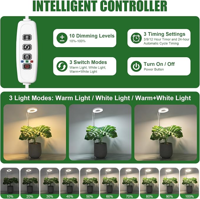 White Small Halo Grow Light with Base, Full Spectrum Indoor Plant Grow Light, Height Adjustable, 3 Spectral Modes, 10 Brightness Levels, Automatic Timer 3/9/12 Hours, 3 Pack
