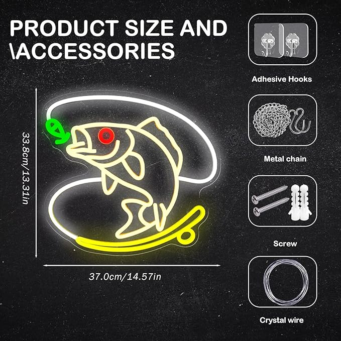 Fishing Neon Sign, Dimmable Fish LED Neon Lights for Wall Decor, USB Powered Fishing Hook Neon Lights for Man Cave, Cabin, Living Room, Fishermen Gifts (14.6 x 13.3 in)