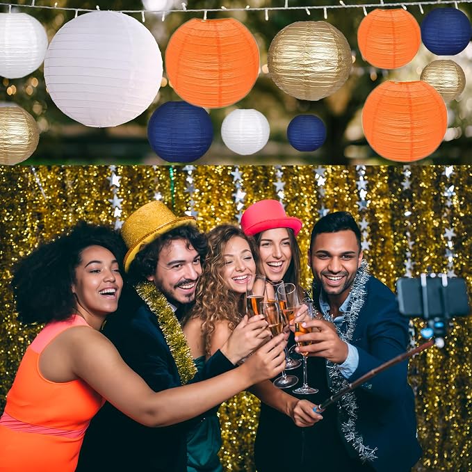 12Pcs Paper Lanterns 6”, 8”, 10”, 12”,Paperlanterns Party Decoration, Dark Blue White Orange Gold Paper Lanterns for Wedding, Bridal, Birthday, Outdoor, Home, Garden, Holiday and Party.