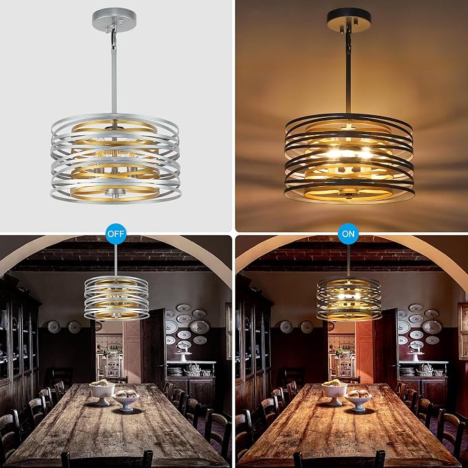 ACNKTZ 12.6'' Drum Pendant Light Fixture Hanging, Retro Semi Flush Mount Chandelier, Silver Chandeliers for Dining Room Bedroom Stairwell Breakfast Area, Silver with Gold Interior