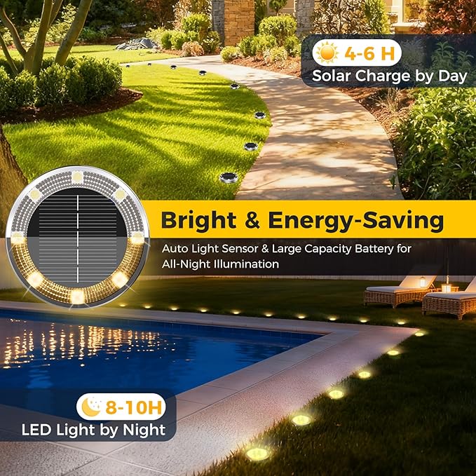 16 Pack Solar Ground Lights Outdoor, 8 LED Mini Flat Solar Disc Lights, IP65 Waterproof Pathway Lights Solar Powered, Landscape Lighting for Garden Walkway Driveway Yard Lawn,Warm White