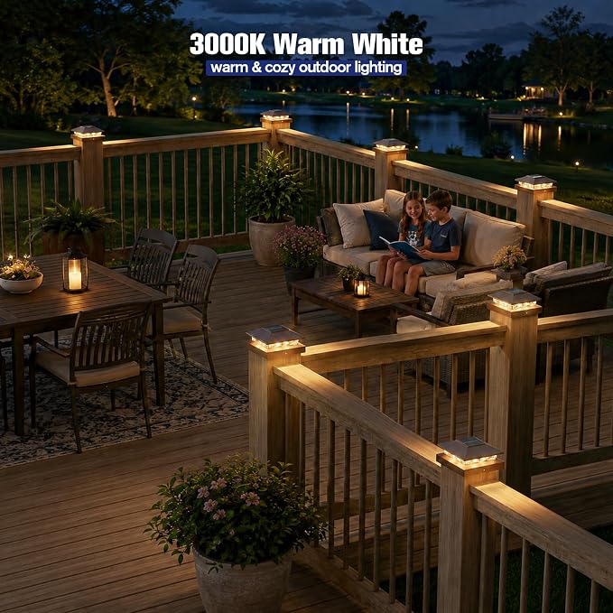 APONUO Solar Post Cap Lights for 4x4 Posts - IP64 Waterproof, Warm/Cool White, Wireless Fence Lights & Deck Lights for Patios, Gardens, and Yards, Brown,16 Pack