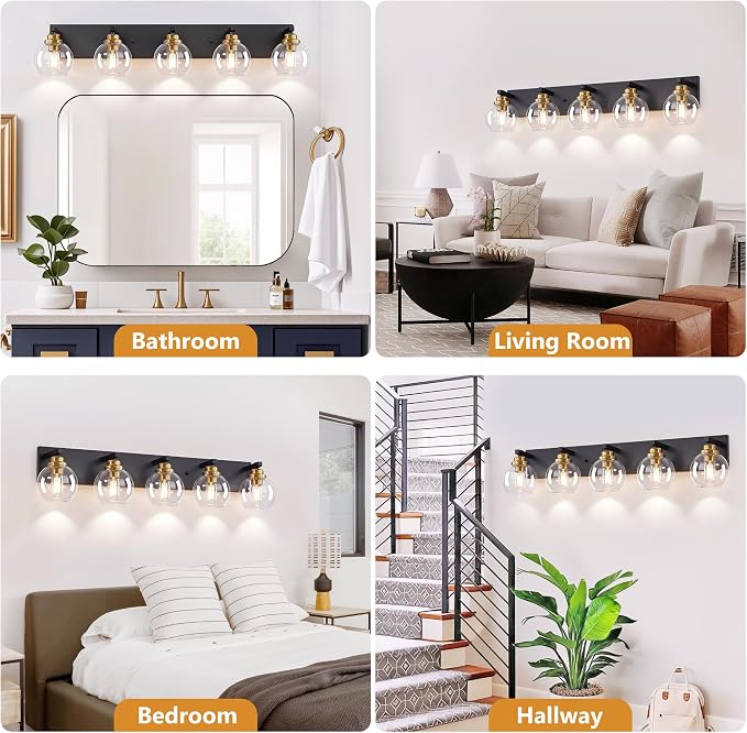 LmnLvn Bathroom Light Fixtures, Farmhouse Black & Gold Metal with Globe | 5-Light Rustic Vanity Lights,Easy To Install, Mounted Over Mirror for Bathroom, Bedroom & Hallway