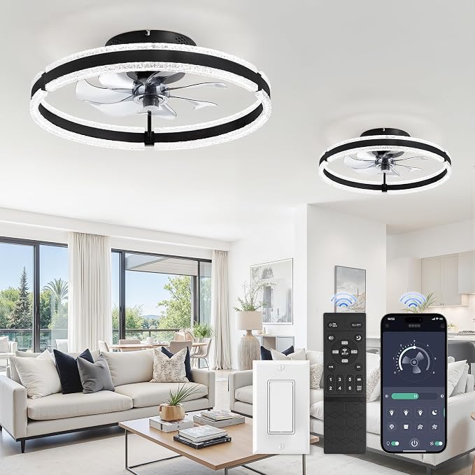 LEDIARY 20'' Low Profile Ceiling Fans with Lights and Remote, Black, 2 Pack | 3000-6000K Dimmable LED, 6 Wind Speeds, Quiet Reversible DC Motor, Small Flush Mount Fandelier for Bedroom, Living Room