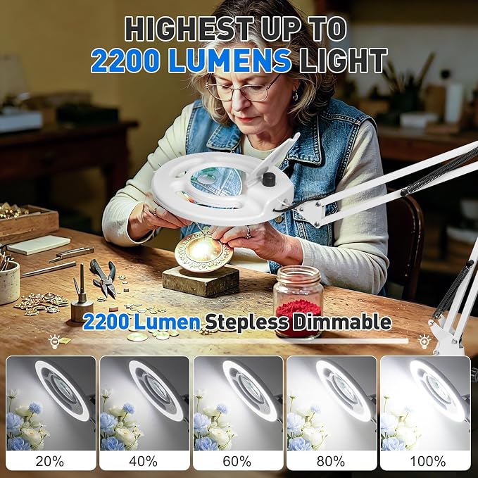 12X 30X Magnifying Glass with Light, KIRKAS 2,200 Lumens LED Magnifier Lamp | with Clamp, Stepless Dimmable Real Glass Lens, Adjustable Arm Workbench Light for Close Work Hobby Repair Craft - White