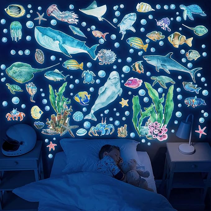 Glow in The Dark Wall Decals, Under The Sea Wall Sticker Decals Decor | Watercolor Creatures Decor Sea Life Animals Waterproof Stick Wall Decal for Kids Boys Bedroom