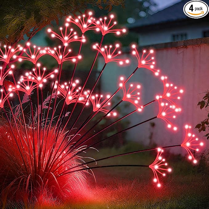 Solar Garden Lights, New Upgraded 4 Pack Solar Swaying Starburst Light, Waterproof Fireworks Outdoor Lights, Yard Patio Pathway Decoration, Red