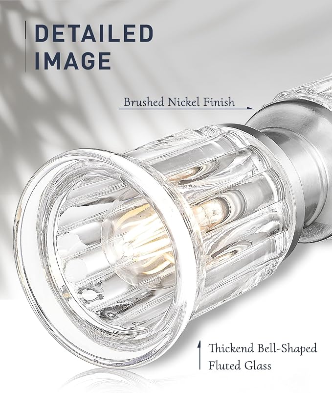 Bathroom Wall Sconces, HWH Brushed Nickel Wall Lighting for Bedroom, 2-Light Bathroom Light Fixtures with Bell-Shaped Clear Glass, Brushed Nickel Finish, 5HZG106B-2W BN