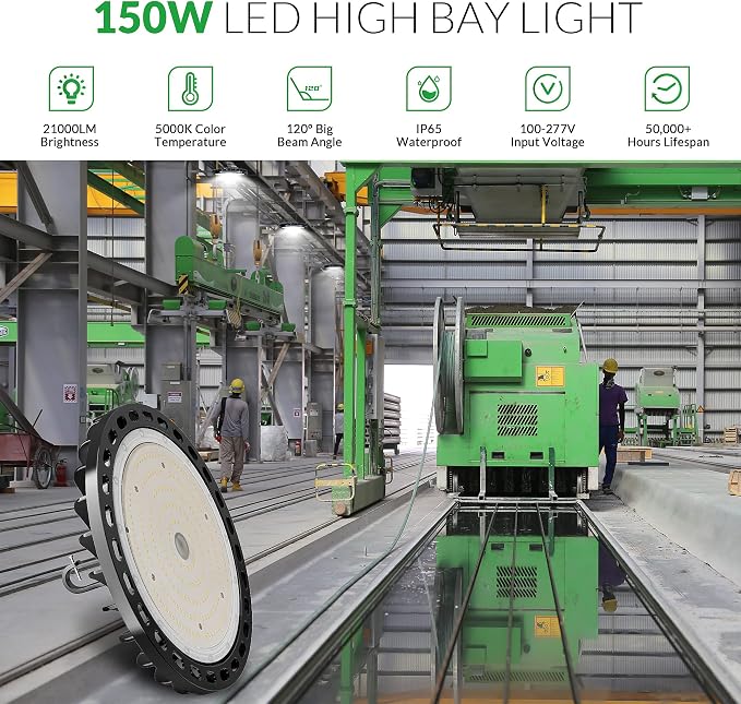 LED High Bay Light 150W, 22500LM LED Shop Light AC100-277V 5000K ETL Listed | IP65 LED Warehouse Lights UFO Commercial Shop Lights for Workshop Factory Barn Garage Plug & Play 2 Pack