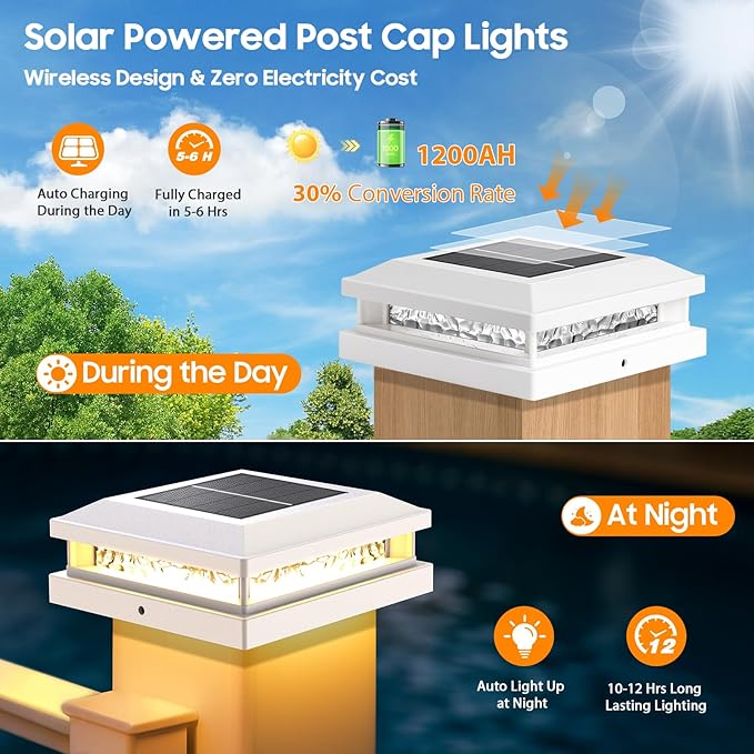 Bosceos Solar Post Cap Lights 6-Pack, 2 Modes 16LEDs Bright Solar Post Lights Outdoor Waterproof, Fence Posts Cap Light, Deck Light for 4x4 4.5x4.5 5x5 Posts for Patio Garden Decor, White