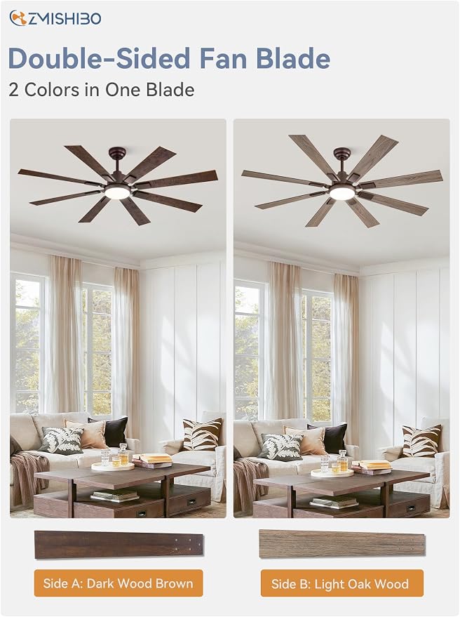 ZMISHIBO 62” Farmhouse Ceiling Fan with Light, Remote Control, Oil Bronze | High CFM Powerful Airflow, Quiet DC Motor, 24W 3 CCT LED, Indoor/Covered Outdoor, Dual-Finish, Damp Rated, Rustic