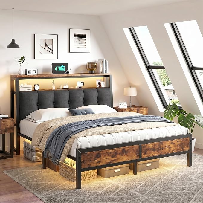 Homkdom Full Size Bed Frame with Headboard & Charging Station | Linen Upholstery, 2-Tier Shelf, 2 Outlets, USB-A, Type-C, RGB LED Remote, 12" Underbed Space, 900 lbs, No Box Spring, Brown