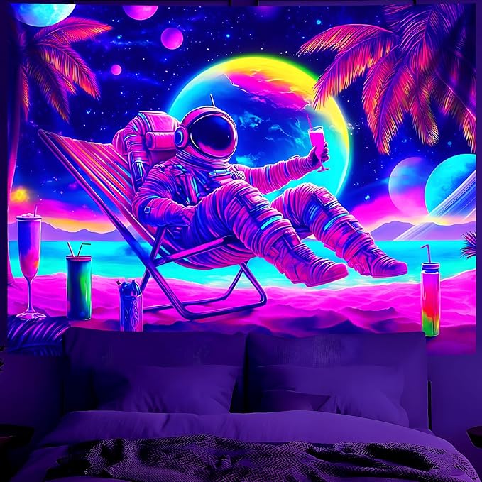 BVBOX Blacklight Space Astronaut Tapestry UV Reactive Galaxy Planet Glow in Dark Tapestries Black Light Poster Neon Wall Hanging Art for bedroom Living Room (Astronaut recliner-3M)