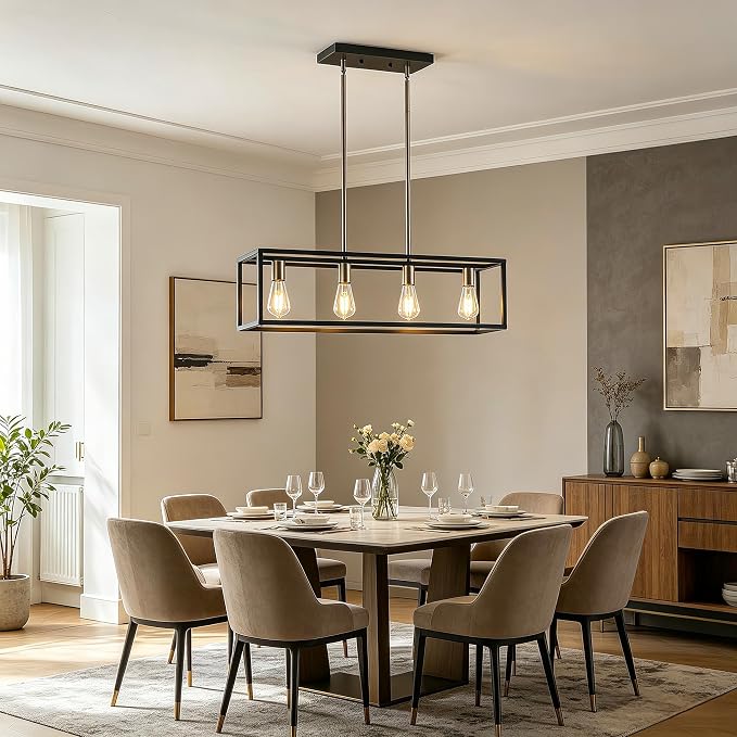 Black&Brushed Nickel Kitchen Light Fixtures Farmhouse Rectangle Chandeliers Dining Room Light for Dining Rooms, Light Fixture Matte 4-Light Industrial Pendant Lighting