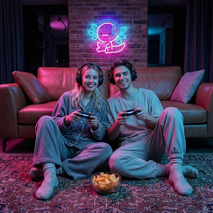 Cute Axolotl Gaming Neon Sign with Headset & Controller,LED Neon Wall Light for Gamer Room Decor,USB Powered Dimmable Neon Light for Bedroom,Teens Room,Game Setup