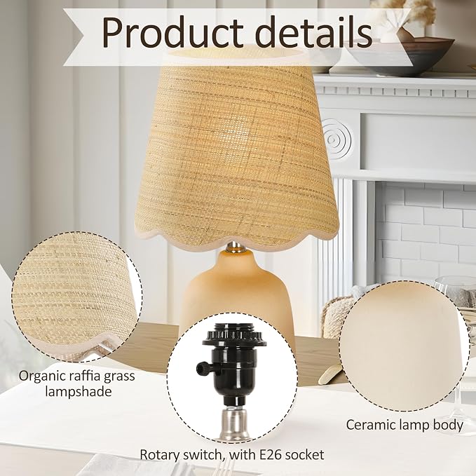 19" Modern Ceramic Table Lamp for Living Room Cream Base Desk Lamps for Bedroom Farmhouse Bedside Nightstand Lamp End Table Lamps,Beige,Rattan Shade