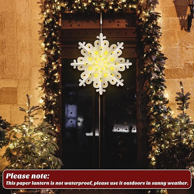 23.6 Inch Christmas Star Snowflake Paper Lantern with Light Timer Paper Lamp Party Supplies Hanging Decoration for Weddings Christmas Trees Birthday Holiday Party Celebration (Adorable Style)
