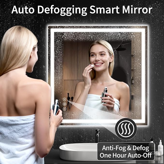 36"x36" LED Bathroom Mirror with Lights, Dimmable, Anti-Fog, Lighted Bathroom Vanity Mirror for Wall, Backlit + Front Lit, Memory Function, Shatter-Proof, Tempered Glass