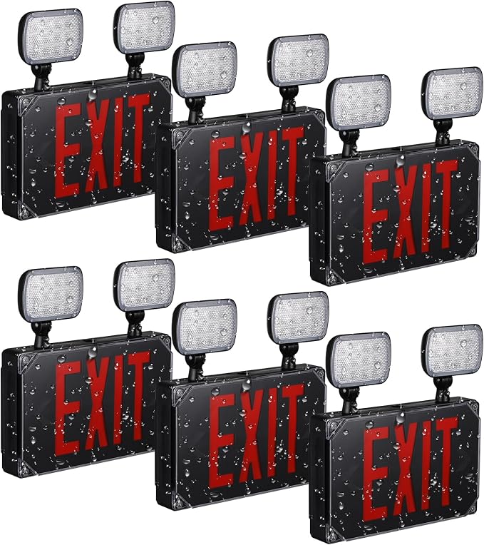 LEONLITE 6-Pack Wet Location LED Exit Sign with Emergency Lights Black | UL Listed, AC 120/277V, Outdoor Hardwired Red Letter Exit Light with Battery Backup, 2 Dual Heads, Double Face
