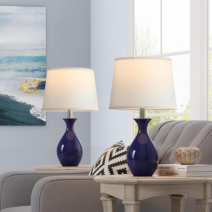Table Lamp Set of 2, Modern Ceramic Bedside Lamps for Night Stands, Classic Small Lamp Nightstand Lamp for Bedroom Living Room Desk End Table Rocker Navy Blue