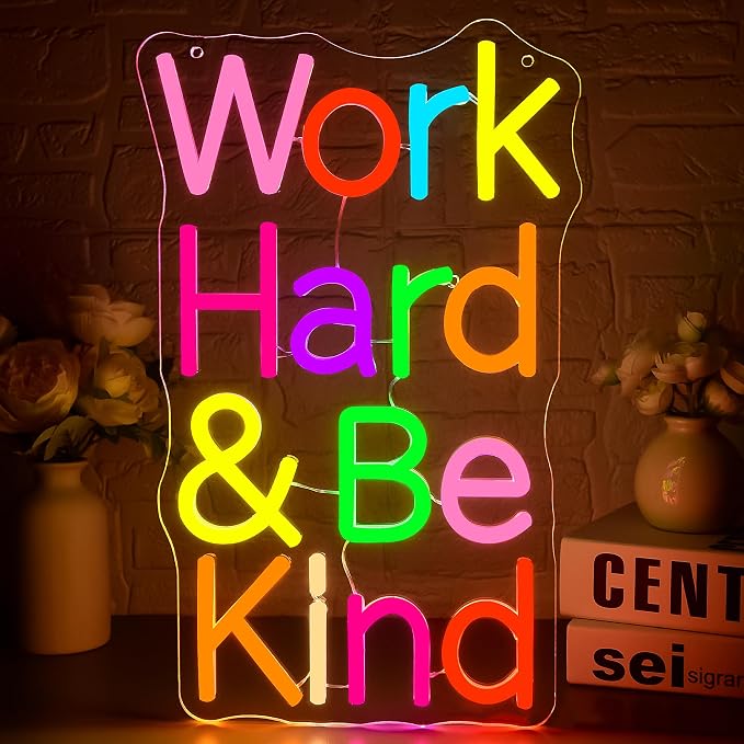 Work Hard Be Kind Neon Sign for Wall Decor | Dimmable kind inspirational neon light, home office bedroom decor, birthday gift for teens adults, size 15.1*9.4 in