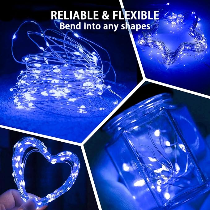 50 Pack Blue Fairy Lights 7Ft 20 LED Twinkle String Lights 3 Modes Battery Operated Waterproof Firefly Starry for Mason Jar Wedding Party 4th of July Christmas Day Table Centerpieces