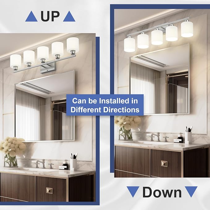 Bathroom Lights Over Mirror Brushed Nickel, Anti-Rust 5-Light Bathroom Vanity Light Fixtures, Modern 28.34Inches Wall Sconces E26 Base, Milky White Glass Shades, Bulbs Not Included