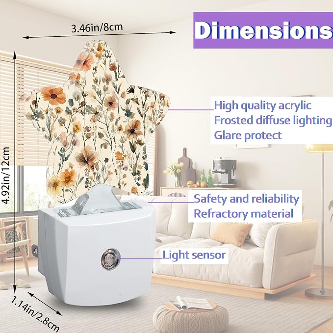 Rustic Wildflower Night Lights Plug Into Wall Decorative,Vintage Floral Sleep Friendly Lamp, Energy Efficient Dusk-to-Dawn Sensor Nightlights for Kid Bedroom Nursery Bathroom