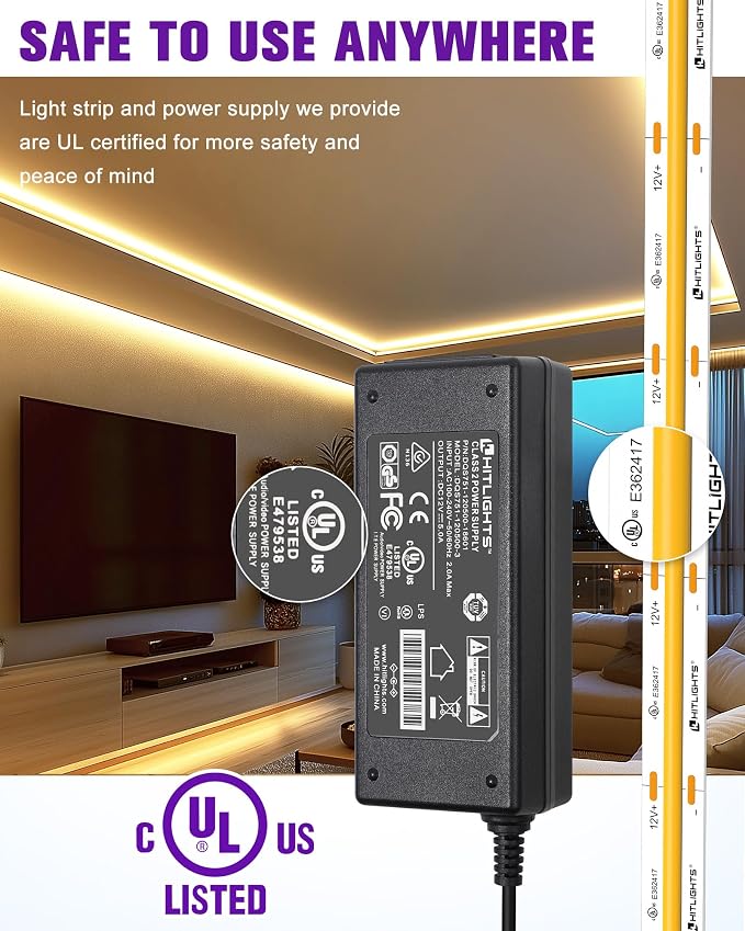 HitLights COB LED Strip Lights Kit Warm White 3000K with Remote, 16.4ft 12V | UL Listed, Dimmable Tape Light with Power Supply, 2640 LEDs, 426 lm/ft, CRI 90+, Rope Lighting for Bedroom Kitchen Cabinet