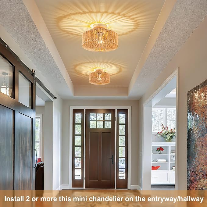 Boho Rattan Ceiling Light - Flush Mount Mini Chandelier Woven Light Fixture for Bedroom, Hallway, Entryway, Bathroom, Nursery