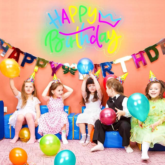 Happy Birthday Neon Sign – Colorful LED Light-Up Sign for Birthday Party Backdrops, USB Powered with Dimmable, Wall Decoration for All Ages, with 2 Birthday Cards, 16.5 x 12.5 Inches
