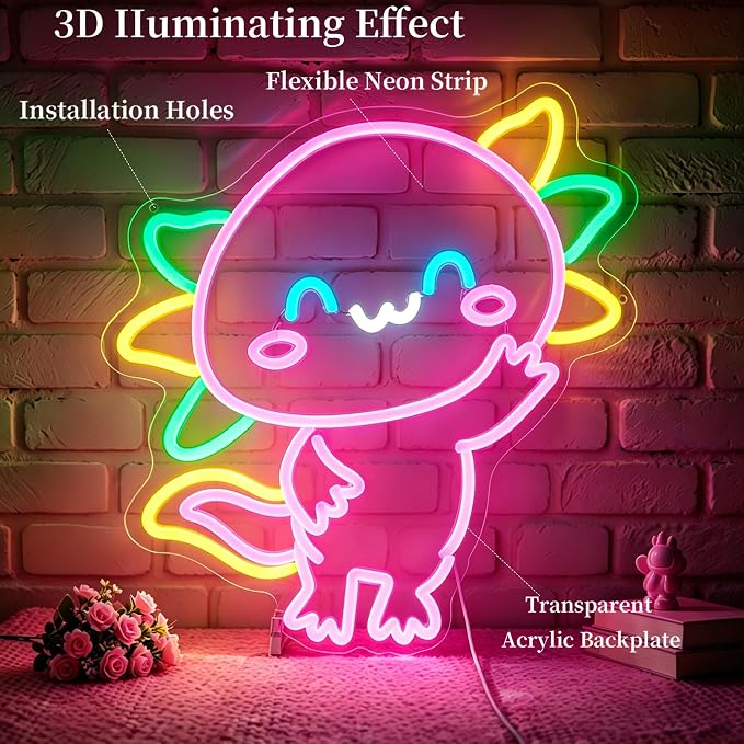 Axolotl Neon Sign Led Sign Neon Signs for Wall Decor Neon Lights | Salamander Led Light Up Sign, Pink Game Room Decor, Girls Gift, Party, Wall Decor, 5V USB Powered