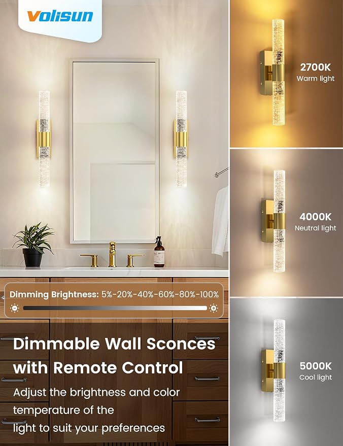 VOLISUN Battery Operated Wall Sconces Set of Two,Gold Sconces Wall Decor Set of 2,Wireless Wall Sconces with Remote,Rechargeable Wall Light for Living Room,Bedroom,Bathroom,Vanity (15.3 inch)