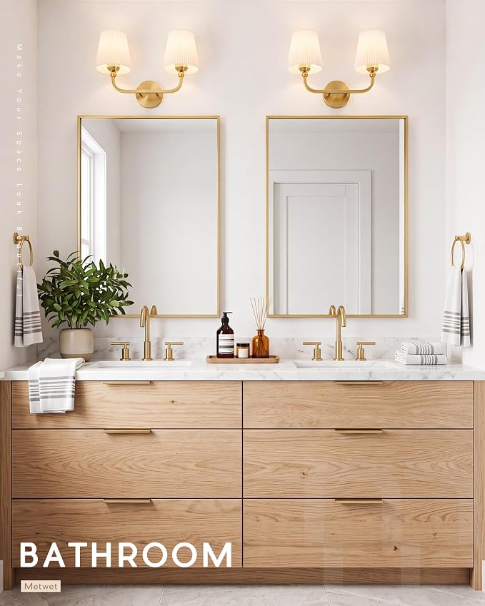 2-Light Brushed Gold Bathroom Vanity Light, Pleated Fabric Shade | 17" 2-light gold double wall sconce with white pleated fabric shades, E26 bulbs, hardwired, upward only, VL837-BG-Z-2