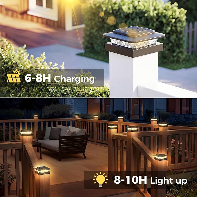 kolpop 4x4 Solar Post Cap Lights Outdoor 8Pack- 3 Color Temperatures& 2 Level Brightness, IP65 Waterproof, 16 LED Black Fence Deck Post Light Solar Powered Only for 4×4/3.5×3.5 Wood/Vinyl Posts