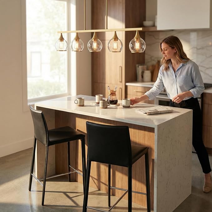 Kitchen Island Linear Pendant Light, 5-Light Gold Dining Room Chandelier with Clear Glass Globe Shades, Modern Linear Lighting Fixture Over Table