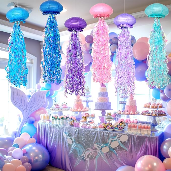 Hanging Jellyfish Lanterns Multi-Color 6 Pack - Ocean-Themed Decor for Under the Sea Mermaid Birthday Party Classroom & VBS Baby Shower Beach Theme